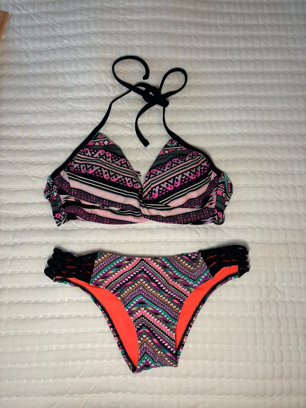 Xhilaration Swimwear Bikini Set Pink Black Tribal Print Size S and M
